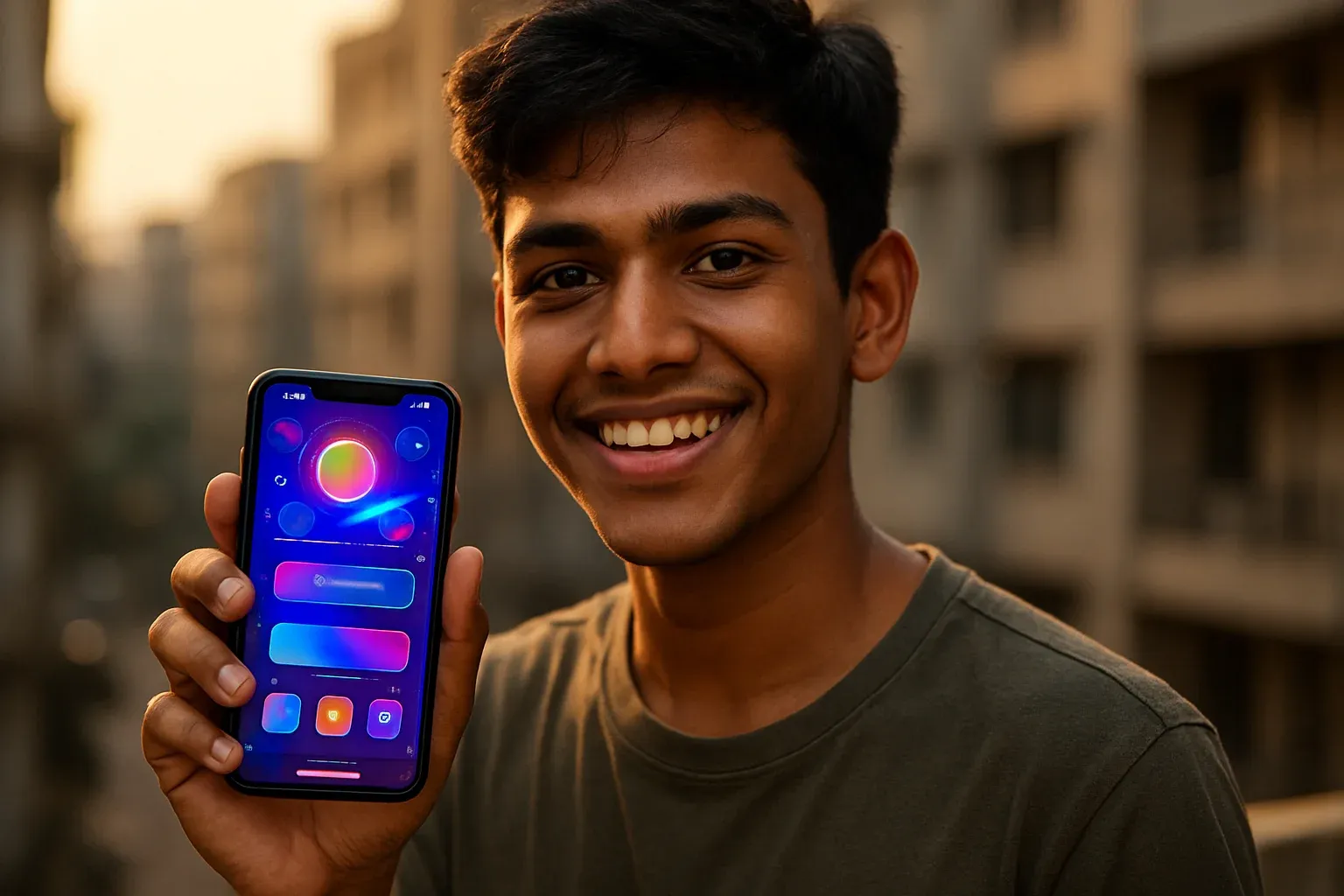 Young Bangladeshi man smiling, holding smartphone with glowing gaming app interface