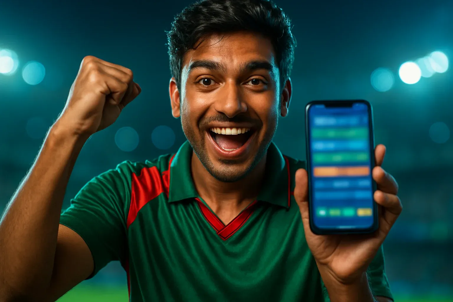 Excited young Bangladeshi man cheering, holding smartphone with sports betting interface
