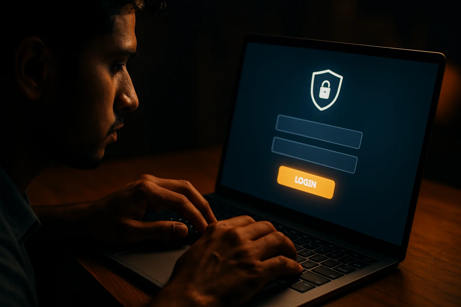 Close-up hands on laptop showing stylized sign-in form and glowing login button