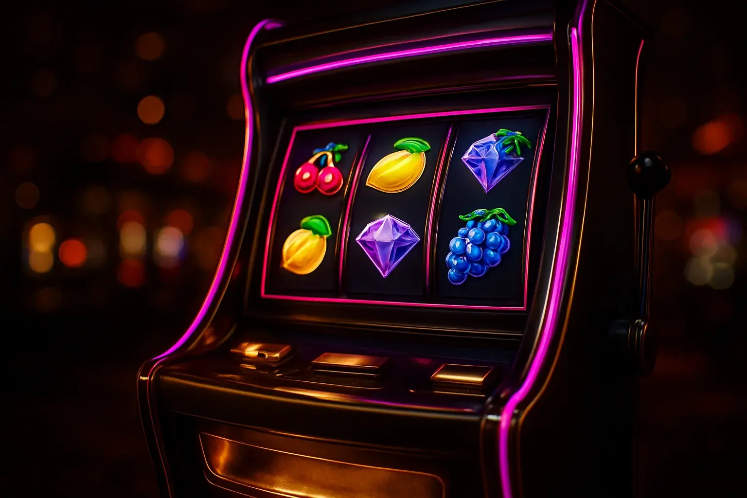 Hyperrealistic wide shot of premium slot machine in dark luxury casino